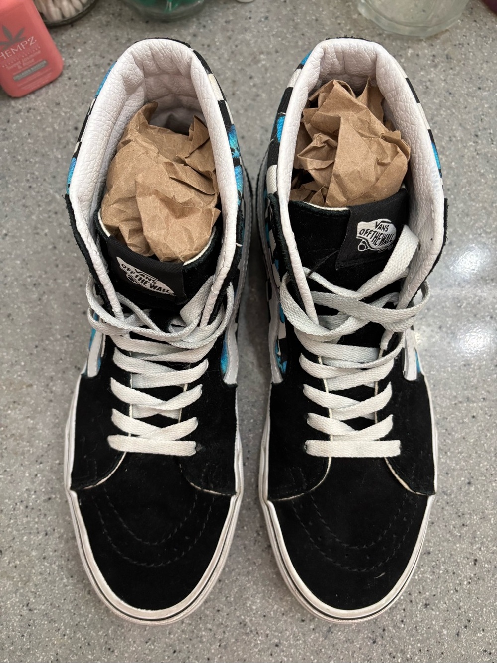 Vans Black Checkered Suede High-Top Sneakers with Blue Butterfly Accents
